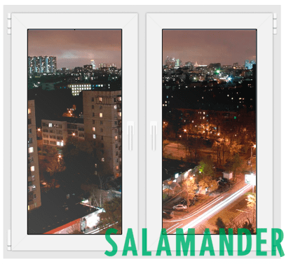 Двухстворчатые пластиковые окна Salamander поворотно-откидное + поворотно Двухстворчатые пластиковые окна Salamander поворотно-откидное + поворотно