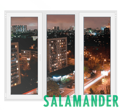 Трёхстворчатое ПВХ окна Salamander поворотное + глухое + поворотно-откидное Трёхстворчатое ПВХ окна Salamander поворотное + глухое + поворотно-откидное
